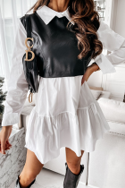 Black And White Elegant Patchwork Flounce Contrast Turndown Collar A Line Dresses
