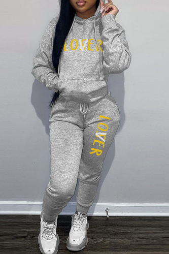 Grey Casual Letter Print Patchwork Hooded Collar Long Sleeve Two Pieces