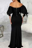 Black Sexy Solid Hollowed Out Patchwork Off the Shoulder Evening Dress Dresses