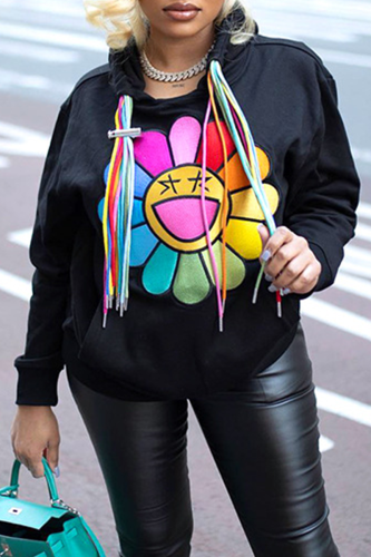 Black Street Print Patchwork Hooded Collar Tops