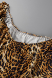Leopard Print Fashion Casual Print Bandage Patchwork Slit Off the Shoulder Long Sleeve Plus Size Dresses