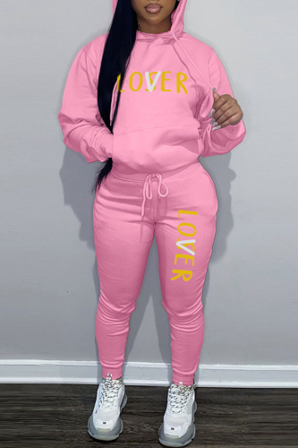 Pink Casual Letter Print Patchwork Hooded Collar Long Sleeve Two Pieces