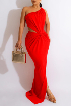 Red Sexy Solid Hollowed Out Slit Oblique Collar Sleeveless Dress Dresses