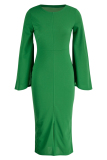 Green Fashion Casual Solid Patchwork Slit O Neck Long Sleeve Dresses