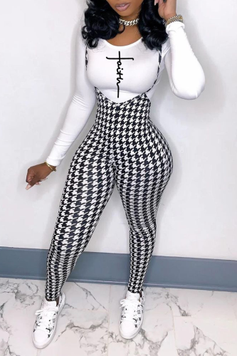 White Street Print Patchwork O Neck Long Sleeve Two Pieces
