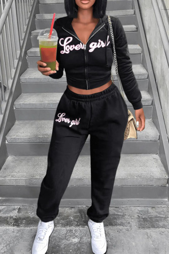 Black Casual Sportswear Print Patchwork Hooded Collar Long Sleeve Two Pieces