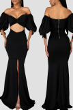 Black Sexy Solid Hollowed Out Patchwork Off the Shoulder Evening Dress Dresses