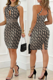 Apricot Sexy Casual Print Hollowed Out Backless Slit O Neck Sleeveless Dress