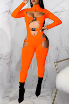 Tangerine Red Sexy Solid Hollowed Out Patchwork Zipper Collar Skinny Jumpsuits