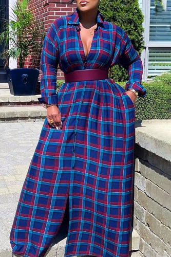 Blue Casual Plaid Print Patchwork Buckle Without Belt Turndown Collar Shirt Dress Dresses(Without Belt)