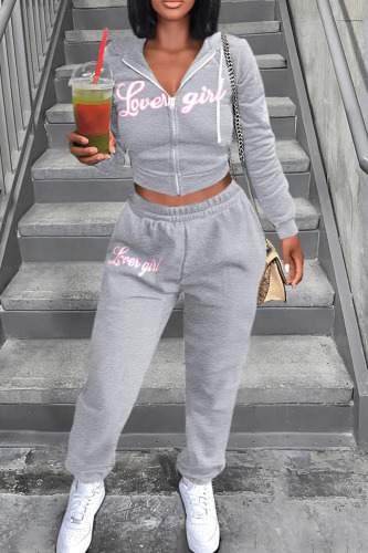Grey Casual Sportswear Print Patchwork Hooded Collar Long Sleeve Two Pieces