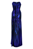 Blue Fashion Sexy Patchwork Hot Drilling Backless Fold Strapless Sleeveless Dress