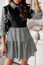 Black Elegant Patchwork Flounce Contrast Turndown Collar A Line Dresses