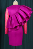 Rose Red Elegant Solid Patchwork Flounce Asymmetrical O Neck One Step Skirt Dresses