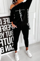 Black Casual Sportswear Print Patchwork Zipper Hooded Collar Long Sleeve Two Pieces