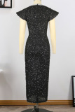 Black Elegant Solid Sequins Patchwork O Neck Evening Dress Dresses