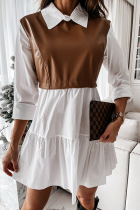 Khaki Elegant Patchwork Flounce Contrast Turndown Collar A Line Dresses