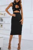 Black Sexy Solid Hollowed Out V Neck Sleeveless Dress