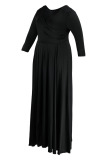 Black Casual Solid Patchwork Fold V Neck A Line Plus Size Dresses