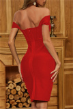 Red Sexy Formal Solid Patchwork Backless Slit Off the Shoulder Evening Dress