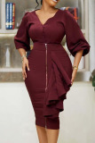 Burgundy Casual Work Solid Patchwork Buckle Flounce V Neck Long Sleeve Two Pieces
