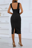 Black Sexy Solid Hollowed Out V Neck Sleeveless Dress
