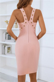 Pink Sexy Solid Hollowed Out Patchwork Backless V Neck Sleeveless Dress