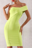 Fluorescent Pink Sexy Formal Solid Patchwork Backless Off the Shoulder One Step Skirt Dresses
