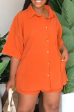 Tangerine Red Casual Street Solid Patchwork Turndown Collar Half Sleeve Two Pieces