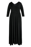 Black Casual Solid Patchwork Fold V Neck A Line Plus Size Dresses