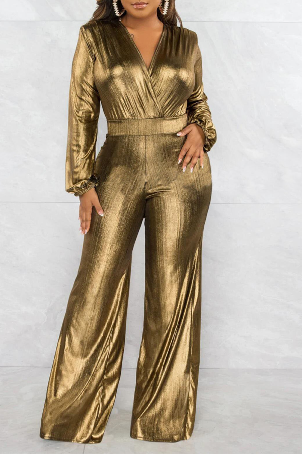 Gold Street Solid Patchwork V Neck Boot Cut Jumpsuits