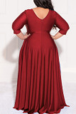 Red Casual Solid Patchwork Fold V Neck A Line Plus Size Dresses