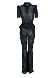 Black Sexy Solid Patchwork Buckle See-through Turndown Collar Short Sleeve Two Pieces