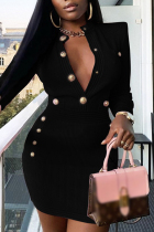 Black Sexy Casual Solid Patchwork V Neck Long Sleeve Dresses