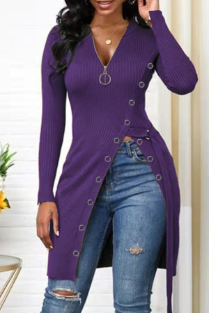 Purple Casual Solid Patchwork Slit O Neck Tops