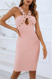Pink Sexy Solid Hollowed Out Patchwork Backless V Neck Sleeveless Dress