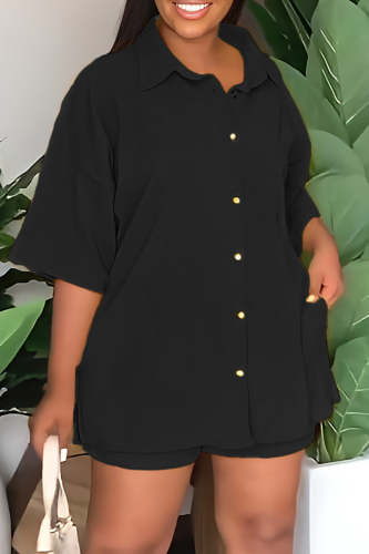 Black Casual Street Solid Patchwork Turndown Collar Half Sleeve Two Pieces