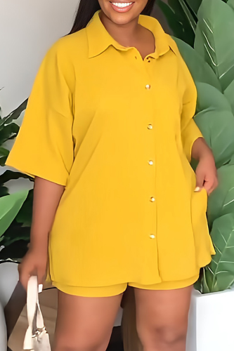 Yellow Casual Street Solid Patchwork Turndown Collar Half Sleeve Two Pieces