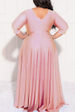 Pink Casual Solid Patchwork Fold V Neck A Line Plus Size Dresses