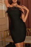 Black Sexy Formal Solid Patchwork Feathers Backless Strapless Evening Dress