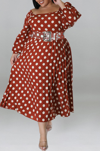 Dark Brown Casual Dot Print Patchwork Backless O Neck Long Sleeve Plus Size Dresses (Without Belt)