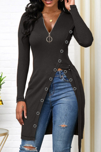 Black Casual Solid Patchwork Slit O Neck Tops