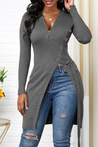 Grey Casual Solid Patchwork Slit O Neck Tops