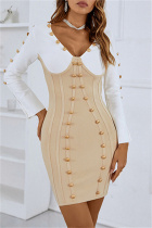 White Sexy Casual Patchwork Contrast V Neck Long Sleeve Dresses