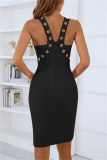 Black Sexy Solid Hollowed Out Patchwork Backless V Neck Sleeveless Dress