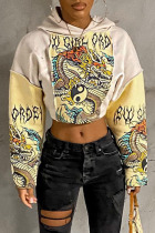 Apricot Casual Street Print Patchwork Hooded Collar Tops