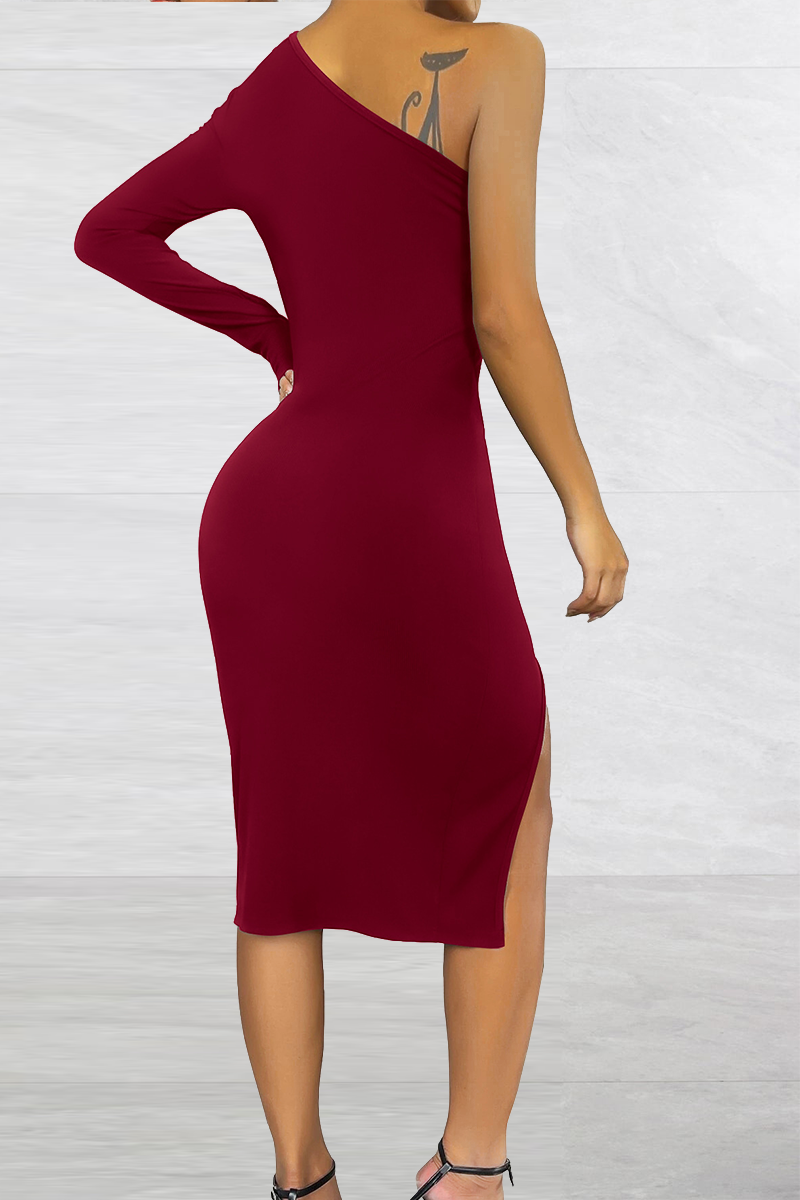 Wholesale Red Sexy Solid Hollowed Out One Shoulder Pencil Skirt Dresses