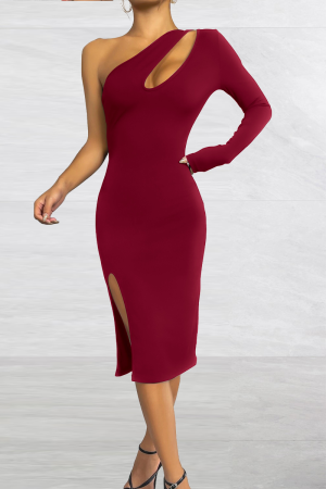 Red Sexy Solid Hollowed Out One Shoulder Pencil Skirt Dresses