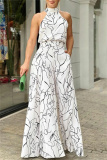 White Casual Print Patchwork O Neck Regular Jumpsuits