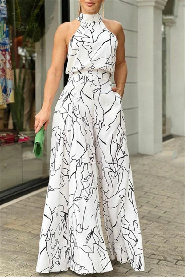 White Casual Print Patchwork O Neck Regular Jumpsuits